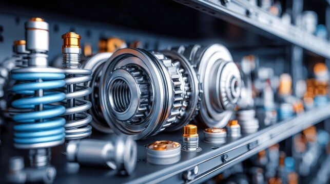 A detailed shot of automotive parts, showing a variety of metal components and gears.