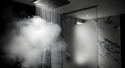 Obraz premium Luxury Bathroom Experience Featuring Flowing Water, Steam, And Modern Architectural Design
