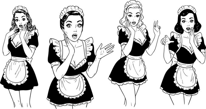 set of Vintage Surprised Maid Pin-Up Vector Set &ndash; Housekeeper Series with Shocked Faces and Playful Expressions