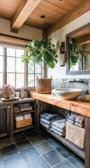 Fototapeta premium A rustic bathroom boasts a wooden countertop, slate flooring, and a large potted plant, creating a serene and inviting atmosphere.