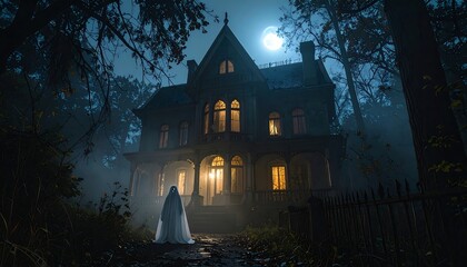 Haunting old house at night