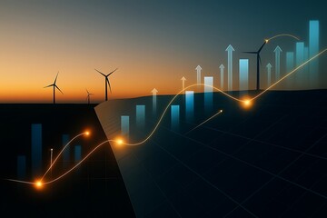 Renewable Energy with Wind Turbines, Solar Panels, and Financial Growth Chart Overlay.