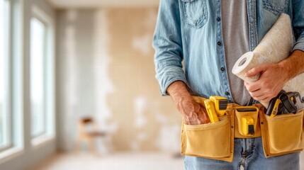 A construction worker with wallpaper and tools is ready for renovation.