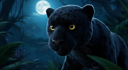 A black panther prowls through a jungle scene under a full moon with glowing yellow eyes at night
