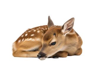 A fawn rests peacefully against a black background, showcasing its delicate features and spotted coat.