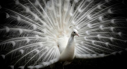 Obraz premium Majestic white peacock displaying full feathered plumage against dark background