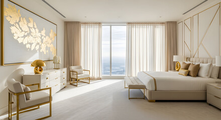 Fototapeta premium Luxury Bedroom Interior Design Featuring Gold Accents And Panorama View From The High Rise