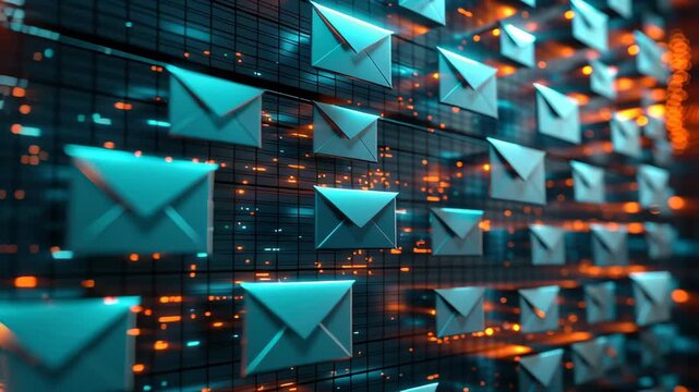 Glowing Digital Envelope Icons in Futuristic Grid Vibrant Showcase of Technology and Communication with Blue Hues