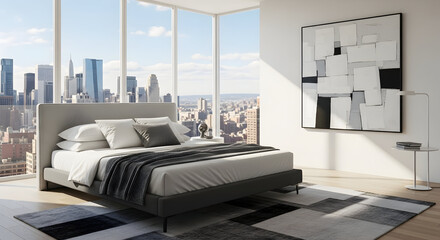 Luxury bedroom with city view, art, modern design, elegant, comfortable, and bright room