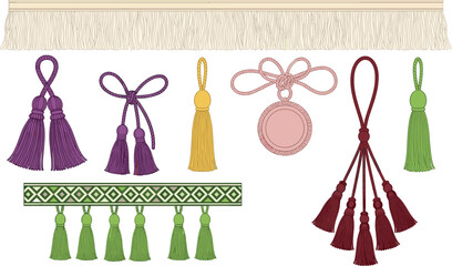 Decorative tassels, curtain tiebacks, fringe trim, fabric embellishments, home decor accessories, colorful textile ornaments, interior decoration, sewing crafts, luxury trimmings