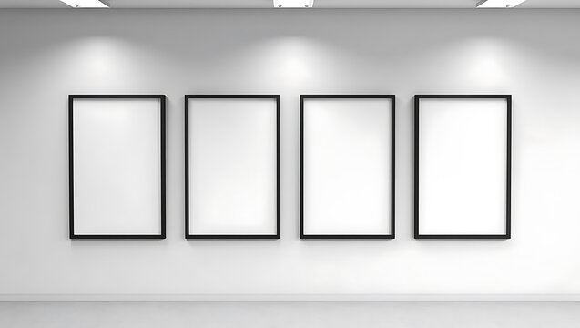 Four blank picture frames in an art gallery