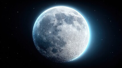 The moon shines brightly, a beacon in the vast darkness of outer space with many stars visible.