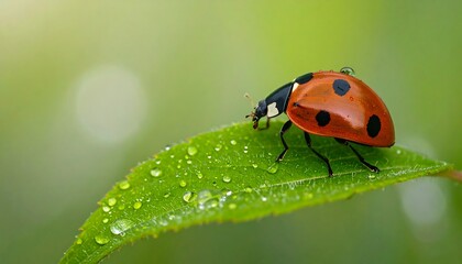 Fototapeta premium Ladybug on dew-kissed leaf