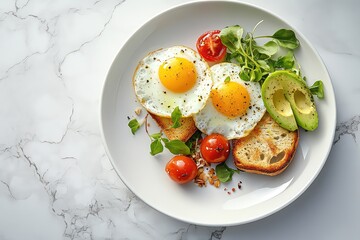 Savory breakfast plate with eggs, avocado, and toast, light marble background, top view, food photography