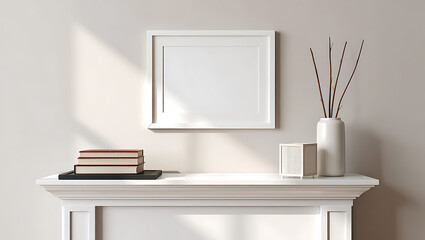 Interior mockup with frame books and vase decor