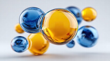 Dynamic composition of vibrant blue and gold glass spheres in a creative design.