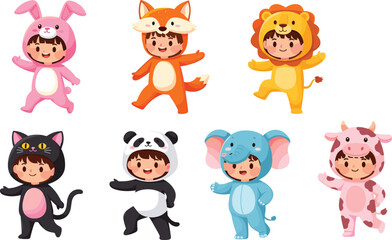 Cute kids wearing animal costumes illustration, rabbit, fox, lion, cat, panda, elephant, cow, cartoon style, playful children characters