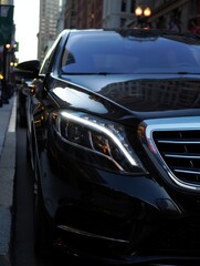 Fototapeta premium A luxury black sedan is parked on a city street during twilight. The sleek design and illuminated headlights highlight its elegance. Tall buildings surround the area, enhancing the urban atmosphere