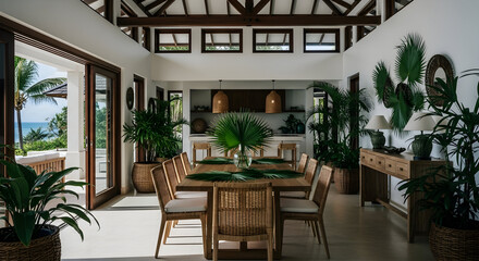 Fototapeta premium Luxury Interior Dining Room with Ocean View and Tropical Elements, Natural Decor