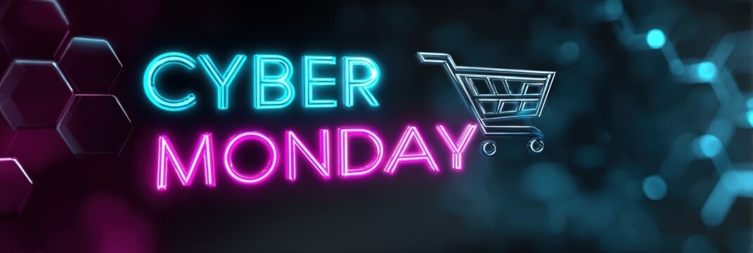 cyber monday web design, neon cyberpunk header for cyber monday, with digital rain, hexagonal patterns, animated shopping cart, and cutting-edge design for tech retailers