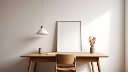 Minimalist home office with blank frame mockup