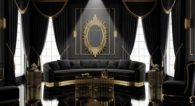 Luxury living room interior with black and gold design featuring elegant furniture