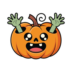 Cute cartoon pumpkin with zombie hands popping out, a whimsical halloween illustration perfect for greeting cards and festive designs