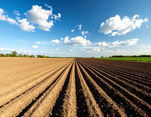 Plowed field under a vibrant blue sky