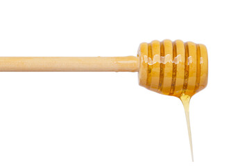 A Honey Dripper with Golden Honey drizzling on a White Background, creating an enticing look