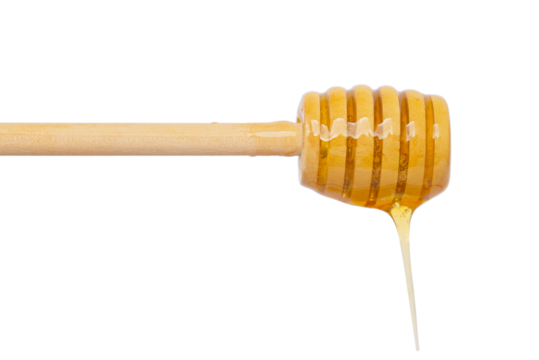A Honey Dripper with Golden Honey drizzling on a White Background, creating an enticing look