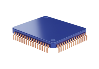 Isolated blue integrated circuit chip with golden pins for electronics design on plain backdrop