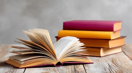 Book is open on a table with other books stacked on top of it. The open book is a paperback with a yellow spine. The other books are hardcovers with orange spines. The scene suggests a cozy
