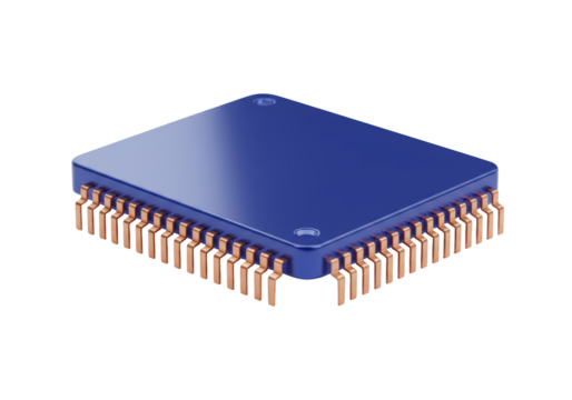 Isolated blue integrated circuit chip with golden pins for electronics design on plain backdrop