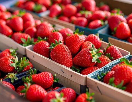 Fresh strawberries in wooden crates