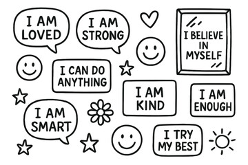 Obraz premium Kids Affirmation Icons. Kids affirmations doodle set: hand drawn icons for positivity cards, mirror prompts, and smile icons,
