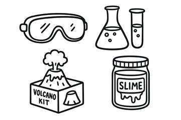 Science Experiment Doodles. Kids science experiments doodle set: hand drawn icons for goggles, beakers, volcano kits, and slime