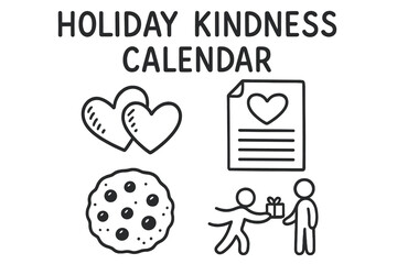 Fototapeta premium Holiday Kindness Icons. Holiday kindness calendar doodle set: hand drawn icons for giving hearts, notes, cookies, and good deeds,