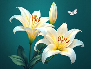 Elegant white lilies and delicate butterfly illustration on teal background