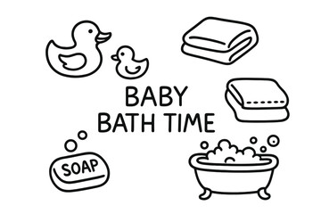 Baby Bath Essentials. Baby bath time doodle set: hand drawn icons for rubber ducks, towels, soap, and tub fun, isolated