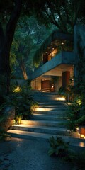 Fototapeta premium Modern concrete house nestled in a lush, dark forest at night, illuminated steps