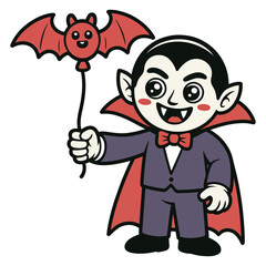 Cute cartoon vampire holding bat balloon funny halloween character wearing purple suit and red cape, smiling cheerfully