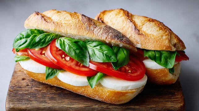 Two sandwiches with tomatoes and basil on a wooden table. The sandwiches are fresh and look delicious. Scene is inviting and appetizing - Powered by Adobe