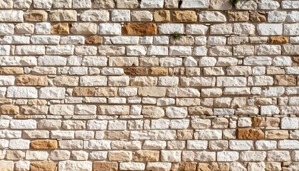 Fototapeta premium A close-up of a weathered brick wall with beige and light brown stones in a horizontal brickwork pattern, showing texture and age. Concept for a textured background