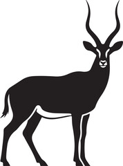 Fototapeta premium Elegant Black Impala Silhouette Against White Background Standing Tall with Graceful Posture and Prominent Horns in Detailed Animal Vector Illustration