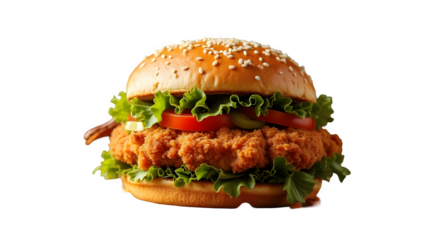 Crispy Chicken Burger isolated on transparent background, Tasty Fast Food Zinger burger PNG image, Crispy Chicken Burger with Fresh Ingredients and Sauce Splash