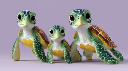 Three baby turtles are standing next to each other. They are all green and have yellow markings on their shells. The scene is peaceful and calm, with the turtles looking up at the camera