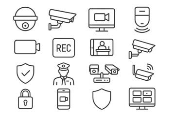 Security Camera and Surveillance Line Icons Set