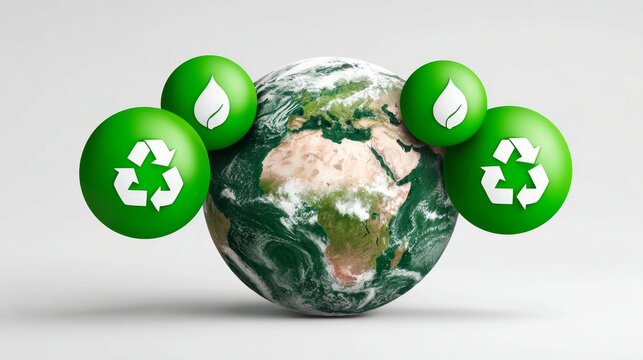 Green globe with a green circle on it that says recycle. There are two other green circles on the globe