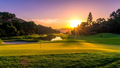 Sunrise over a tranquil golf course