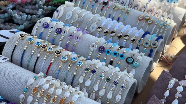 Turkish bracelets and jewelry at the bazaar. Bracelets against the evil eye